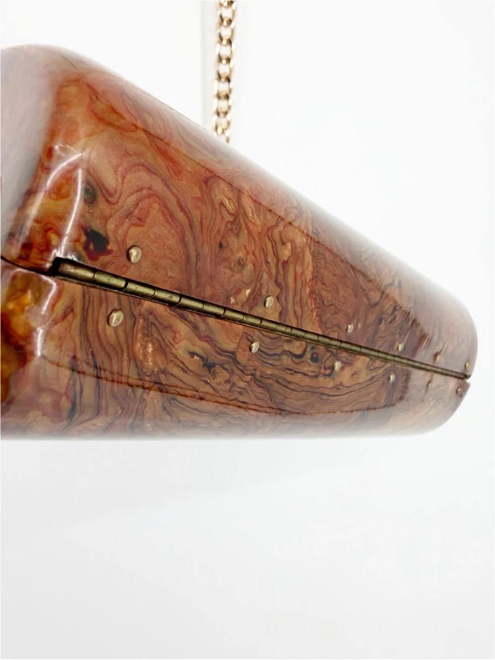 Vintage Saks Fifth Ave Brown Marbled Acrylic Gold Tone Hard Shell Clutch Purse
